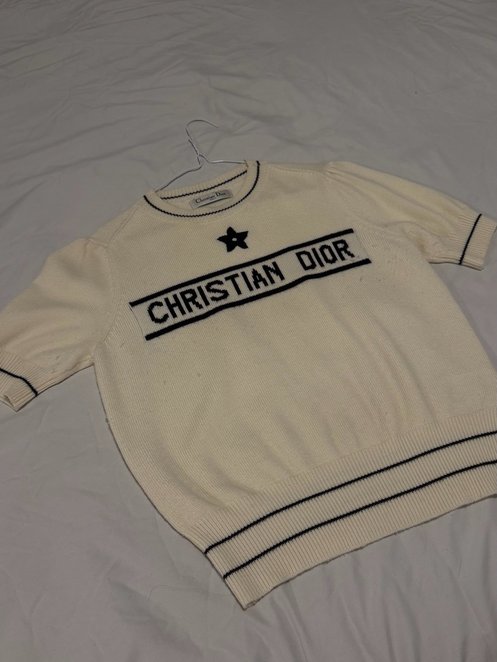 Dior Cream Short-Sleeve Logo Crewneck with Navy Trim